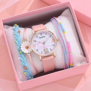 New 5pcs Women Watch Bracelet Set Leather Cute Bear Girls Wristwatch Fashion Ladies Quartz Clock reloj mujer Students' Gift
