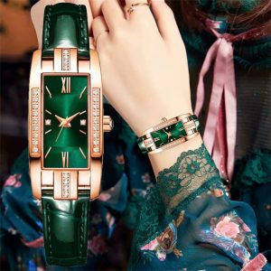 Womens Watches Fashion Square Ladies Quartz Watch Bracelet Set Green Dial Simple Leather Luxury Women Watches
